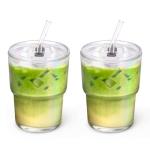 Cafezi 13 oz Glass Tumbler with Glass Straw and Lid, Leak-Proof Reusable Travel Cup for Iced Coffee, Tea, Matcha, Fruit Juice – Thick Wall Clear Water Bottle (Iridescent Shimmer, 2 Pack)