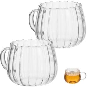 DOITOOL 2-Pack Clear Glass Pumpkin Coffee Cups 12Oz Heat Resistant Mugs with Handle for Coffee Tea Milk - Seasonal Pumpkin Drinking Glasses for Home and Holiday Use