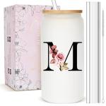 Personalized Gifts for Women, Monogrammed Frosted Glass Tumbler with Straw and Lid, Cute Customized Mug, Custom Initial Iced Coffee Glasses, Customizable Drinking Cup, Birthday Teacher Woman, M