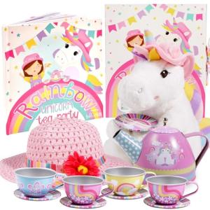 Tickle & Main Plush Tea Party Set Unicorn - 8-Piece, Rainbow - Kids Tea Set with Rainbow Teapot & Cups, Party Hat, Storybook & Unicorn Plush