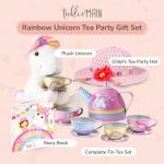 Tickle & Main Plush Tea Party Set Unicorn - 8-Piece, Rainbow - Kids Tea Set with Rainbow Teapot & Cups, Party Hat, Storybook & Unicorn Plush