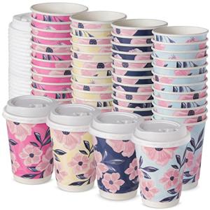 ROYAL BLUEBONNET 48 Floral Paper Coffee Cups with Lids - 12oz Cute Disposable Coffee Cups with Lids with 4 Different Color Flower Designs for Spring - Pink, Blue, Yellow and Navy, Tea Party Supplies