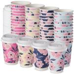 ROYAL BLUEBONNET 48 Floral Paper Coffee Cups with Lids - 12oz Cute Disposable Coffee Cups with Lids with 4 Different Color Flower Designs for Spring - Pink, Blue, Yellow and Navy, Tea Party Supplies