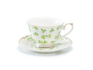 Gracie China Shop Grace Teaware Shamrock Fine Porcelain Tea Cup and Saucer Set with Pierced Design Hand Painted Gold Detailing, Regular
