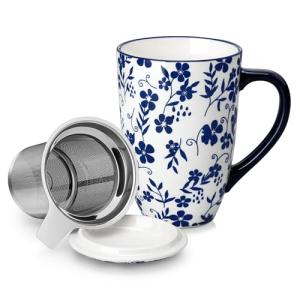 vancasso SELENE Porcelain Tea Mug, 18 oz Porcelain Tea Cup with Infuser and Lid Steeps Loose Leaf Tea, Microwave & Dishwasher Safe, Five-Leaf Clover
