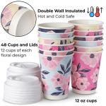 ROYAL BLUEBONNET 48 Floral Paper Coffee Cups with Lids - 12oz Cute Disposable Coffee Cups with Lids with 4 Different Color Flower Designs for Spring - Pink, Blue, Yellow and Navy, Tea Party Supplies