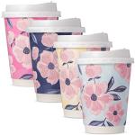 ROYAL BLUEBONNET 48 Floral Paper Coffee Cups with Lids - 12oz Cute Disposable Coffee Cups with Lids with 4 Different Color Flower Designs for Spring - Pink, Blue, Yellow and Navy, Tea Party Supplies