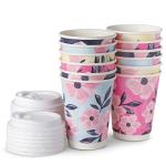 ROYAL BLUEBONNET 48 Floral Paper Coffee Cups with Lids - 12oz Cute Disposable Coffee Cups with Lids with 4 Different Color Flower Designs for Spring - Pink, Blue, Yellow and Navy, Tea Party Supplies
