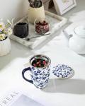 vancasso SELENE Porcelain Tea Mug, 18 oz Porcelain Tea Cup with Infuser and Lid Steeps Loose Leaf Tea, Microwave & Dishwasher Safe, Five-Leaf Clover