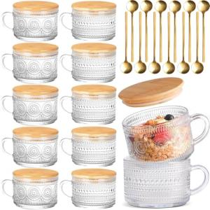 Vintage Glass Coffee Mugs Set of 12, Overnight Oats Cups with Spoons and Bamboo Lids, 14oz Clear Embossed Tea Cups Bamboo Tea Cups, Ideal Coffee Bar Accessories Hosewarming Gifts for Women