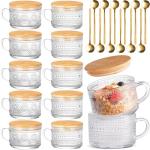 Vintage Glass Coffee Mugs Set of 12, Overnight Oats Cups with Spoons and Bamboo Lids, 14oz Clear Embossed Tea Cups Bamboo Tea Cups, Ideal Coffee Bar Accessories Hosewarming Gifts for Women