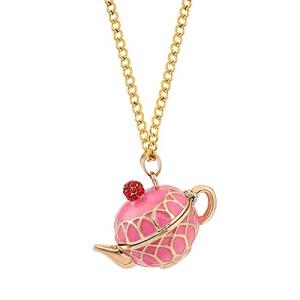 COLORFUL BLING Funny Stacked Enamel Teacup Necklace 3D Coffee Cup Teapot Pendant Necklace Elegant Teacup Long Sweater Necklace for Women-Pink