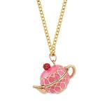 COLORFUL BLING Funny Stacked Enamel Teacup Necklace 3D Coffee Cup Teapot Pendant Necklace Elegant Teacup Long Sweater Necklace for Women-Pink