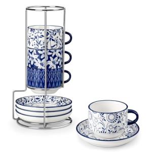 vancasso 8OZ Stackable Cappuccino Cups, Porcelain Espresso Cups with Saucers and Metal Stand Set of 4, Classic Printed Tea Cup Set for Coffee Drinks, Latte, Series SELENE (Vintage Blue, 8 Ounce)
