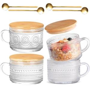 Vintage Glass Coffee Mugs Set of 4, Overnight Oats Cups with Spoons and Bamboo Lids, 14oz Clear Embossed Tea Cups Bamboo Tea Cups, Ideal Coffee Bar Accessories Hosewarming Gifts for Women