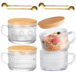 Vintage Glass Coffee Mugs Set of 4, Overnight Oats Cups with Spoons and Bamboo Lids, 14oz Clear Embossed Tea Cups Bamboo Tea Cups, Ideal Coffee Bar Accessories Hosewarming Gifts for Women