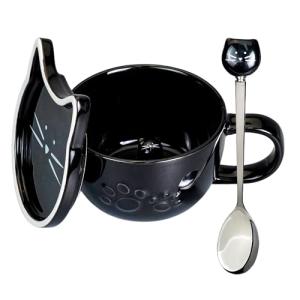 Koolkatkoo Black Cat Mug Coffee Cups Ceramic - Tea Cup with Lid and Spoon, Animals Hidden inside Mug, Cat Gifts for Cat Lovers, Holiday Christmas Gifts, 10oz