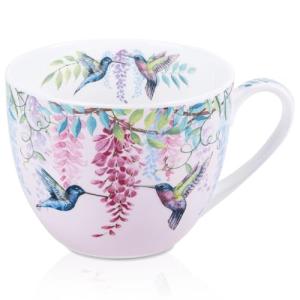 Spring Hummingbird Hug Mug - 20oz Pink Bone China Coffee Tea Mug with Floral Vine & Fluttering Hummingbirds, Thoughtful Gift for Nature or Bird Lovers, Designed in England by Harvest Green Studio