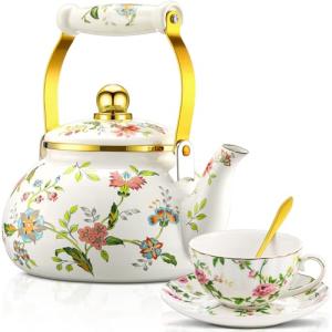 Funnymoom 2.6 Quart Vintage Enamel Tea Kettle, Cups and Saucers Set with Spoon, Vintage Porcelain Tea Set Floral Teapot for Party, Gift for Wedding Housewarming