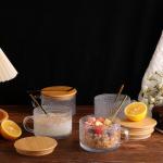 Vintage Glass Coffee Mugs Set of 4, Overnight Oats Cups with Spoons and Bamboo Lids, 14oz Clear Embossed Tea Cups Bamboo Tea Cups, Ideal Coffee Bar Accessories Hosewarming Gifts for Women