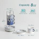 vancasso 8OZ Stackable Cappuccino Cups, Porcelain Espresso Cups with Saucers and Metal Stand Set of 4, Classic Printed Tea Cup Set for Coffee Drinks, Latte, Series SELENE (Vintage Blue, 8 Ounce)