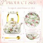Funnymoom 2.6 Quart Vintage Enamel Tea Kettle, Cups and Saucers Set with Spoon, Vintage Porcelain Tea Set Floral Teapot for Party, Gift for Wedding Housewarming
