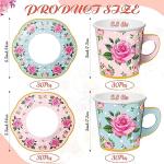 Umigy 60 Sets Tea Party Decorations Floral Paper Tea Cups with Handle and Plates Disposable Blossom Teacups and Saucers Sets with Tape for Hot Cold Drink Birthday(Pink, Blue,6.5 oz)