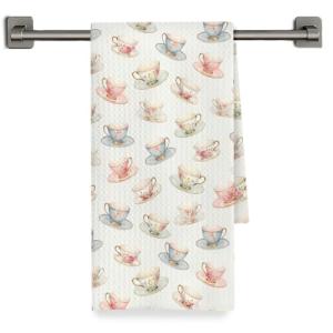 Fyecoluo Vintage Floral Teacup Kitchen Towels Decorative, Gifts for Tea Lovers Drinkers, French Country Cups Dish Hand Tea Towels, Cottagecore Kitchen Bathroom Decor, 16x24 Inch