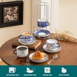 vancasso 8OZ Stackable Cappuccino Cups, Porcelain Espresso Cups with Saucers and Metal Stand Set of 4, Classic Printed Tea Cup Set for Coffee Drinks, Latte, Series SELENE (Vintage Blue, 8 Ounce)