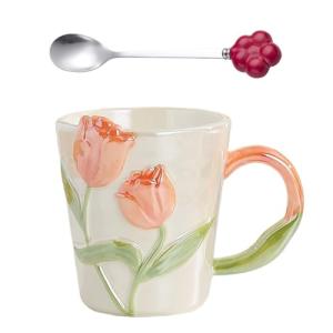 DTIUYIOP] Hand Drawn Ceramic Coffee Mug 12 Oz, Personalized Cute Tea Cup for Women, Unique Gift for Mom Wife Best Friend, Home Office Use，orange color