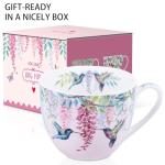 Spring Hummingbird Hug Mug - 20oz Pink Bone China Coffee Tea Mug with Floral Vine & Fluttering Hummingbirds, Thoughtful Gift for Nature or Bird Lovers, Designed in England by Harvest Green Studio