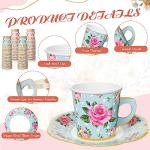 Umigy 60 Sets Tea Party Decorations Floral Paper Tea Cups with Handle and Plates Disposable Blossom Teacups and Saucers Sets with Tape for Hot Cold Drink Birthday(Pink, Blue,6.5 oz)