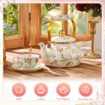 Funnymoom 2.6 Quart Vintage Enamel Tea Kettle, Cups and Saucers Set with Spoon, Vintage Porcelain Tea Set Floral Teapot for Party, Gift for Wedding Housewarming