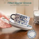 vancasso 8OZ Stackable Cappuccino Cups, Porcelain Espresso Cups with Saucers and Metal Stand Set of 4, Classic Printed Tea Cup Set for Coffee Drinks, Latte, Series SELENE (Vintage Blue, 8 Ounce)