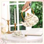 Funnymoom 2.6 Quart Vintage Enamel Tea Kettle, Cups and Saucers Set with Spoon, Vintage Porcelain Tea Set Floral Teapot for Party, Gift for Wedding Housewarming