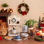 vancasso 8OZ Stackable Cappuccino Cups, Porcelain Espresso Cups with Saucers and Metal Stand Set of 4, Classic Printed Tea Cup Set for Coffee Drinks, Latte, Series SELENE (Vintage Blue, 8 Ounce)