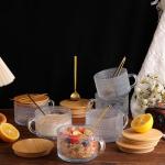 Vintage Glass Coffee Mugs Set of 4, Overnight Oats Cups with Spoons and Bamboo Lids, 14oz Clear Embossed Tea Cups Bamboo Tea Cups, Ideal Coffee Bar Accessories Hosewarming Gifts for Women