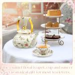 Funnymoom 2.6 Quart Vintage Enamel Tea Kettle, Cups and Saucers Set with Spoon, Vintage Porcelain Tea Set Floral Teapot for Party, Gift for Wedding Housewarming