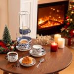 vancasso 8OZ Stackable Cappuccino Cups, Porcelain Espresso Cups with Saucers and Metal Stand Set of 4, Classic Printed Tea Cup Set for Coffee Drinks, Latte, Series SELENE (Vintage Blue, 8 Ounce)