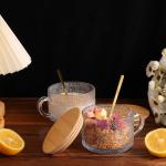 Vintage Glass Coffee Mugs Set of 12, Overnight Oats Cups with Spoons and Bamboo Lids, 14oz Clear Embossed Tea Cups Bamboo Tea Cups, Ideal Coffee Bar Accessories Hosewarming Gifts for Women