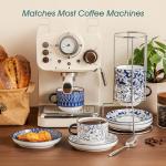 vancasso 8OZ Stackable Cappuccino Cups, Porcelain Espresso Cups with Saucers and Metal Stand Set of 4, Classic Printed Tea Cup Set for Coffee Drinks, Latte, Series SELENE (Vintage Blue, 8 Ounce)