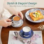 vancasso 8OZ Stackable Cappuccino Cups, Porcelain Espresso Cups with Saucers and Metal Stand Set of 4, Classic Printed Tea Cup Set for Coffee Drinks, Latte, Series SELENE (Vintage Blue, 8 Ounce)