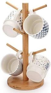WAYUYU Space-Saving Bamboo Mug Tree – Holds 6 Cups, Rust-Proof Organizer for Kitchen Counter, Office, or Coffee Bar