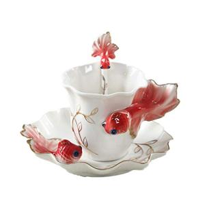ZaH 3D Goldfish Coffee Mugs Animal Rainbow Ceramic Mug Milk Teacup Afternoon Tea Cup and Saucer Set with Spoon (Bright Red)