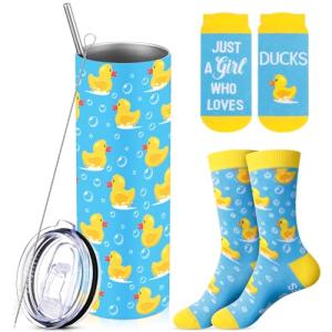 Funnymoom 2 Pack Cute Duck Gifts Set Skinny Tumbler 20 oz Travel Coffee Mug Novelty Cute Animals Socks, Christmas Birthday Party Gifts for Duck Theme