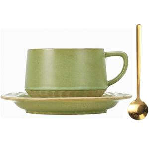 Vintage Ceramic Tea Cup and Saucer Set with Spoon, 10 oz Minimalist Porcelain Coffee Mug (Meadow Green)