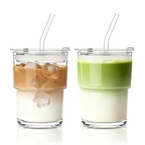INSETLAN 13oz Portable Glass Tumblers Set of 2, Thick Wall Glass Cups with Lid and Glass Straw, On-the-Go Coffee Cups for Iced Coffee, Tea, Milk, Hot & Cold Drinks, Travel & Daily Use