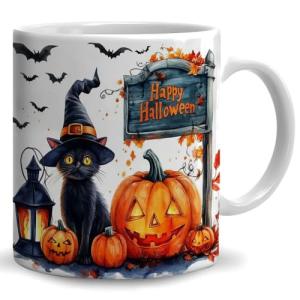 WIDOVINA Halloween Black Cat Coffee Mug - Black Cat Lover Mugs Gifts for Women Men - Halloween Birthday Gift for Friend Mom Dad Wife Husband - Watercolor Printed 11oz Ceramic Tea Cup