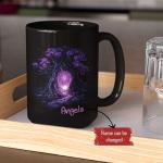 Custom Old Tree Coffee Mug With Purple Glowing Design, Customized Mystical Tree Cup, Gift For Tree Lovers, Personalized Name Nature Inspired Ceramic Mug, Unique Black Cup 11oz 15oz