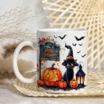 WIDOVINA Halloween Black Cat Coffee Mug - Black Cat Lover Mugs Gifts for Women Men - Halloween Birthday Gift for Friend Mom Dad Wife Husband - Watercolor Printed 11oz Ceramic Tea Cup